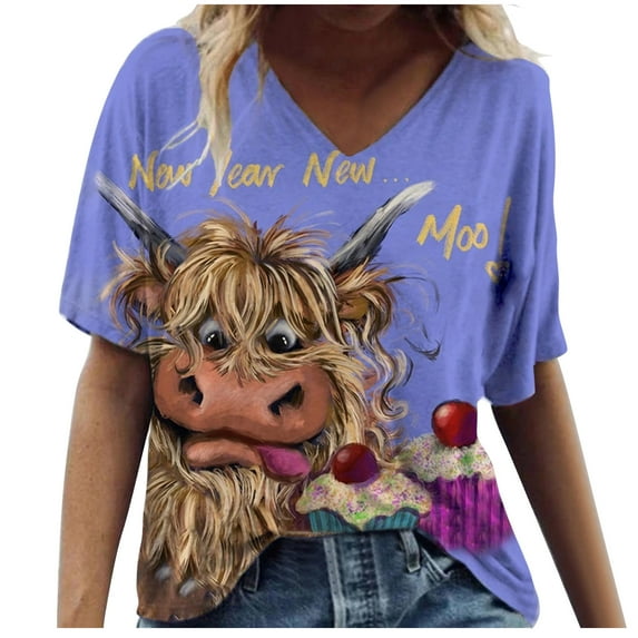 Babysbule Women's Tops Plus Size Women Short Sleeve Printed V-Neck Tops Tee T-Shirt Blouse