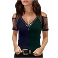 thumbnail image 1 of Babysbule Clearance Women's Tops Women Casual V-neck Hot Drilling Cold Shoulder Net Yarn Short Sleeve Patchwork T-Shirt Tops, 1 of 6