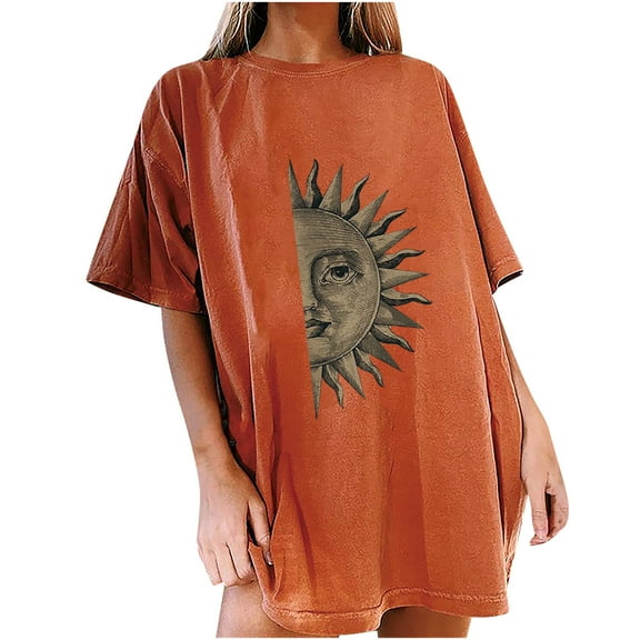 Babysbule Women's Tops Women's Fashion Casual Sun Moon Skull Print Round Neck Short Sleeve Top T-shirt