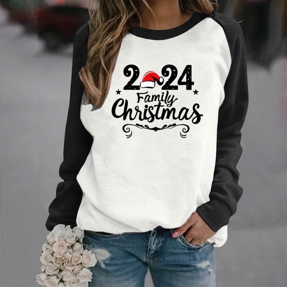 Babysbule Womens Christmas Tops Ladies Letter Print Loose Long Sleeve Round Neck Pullover Top T-Shirt Top