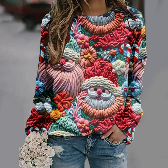 Babysbule Womens Christmas Tops Ladies Christmas Print Loose Long Sleeve Round Neck Pullover Top T-Shirt Top