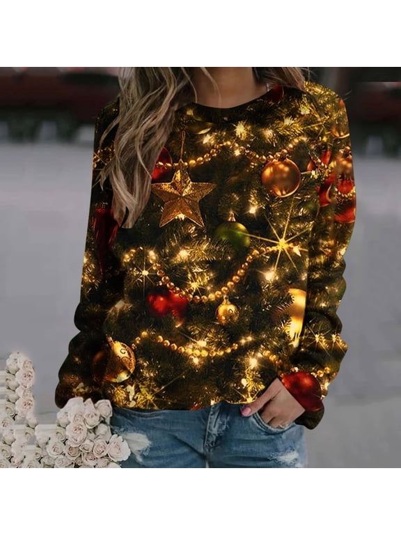 Womens Christmas Tops Ladies Christmas Print Loose Long Sleeve Round Neck Pullover Top T-Shirt Top