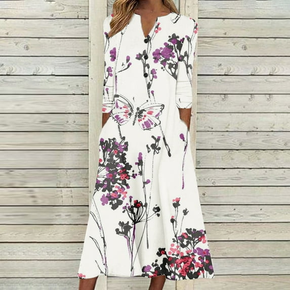 Babysbule Womens Fall Dresses Fashion Women Casual Elegant Round Neck Printing Summer Long Sleeve Pockets Dress