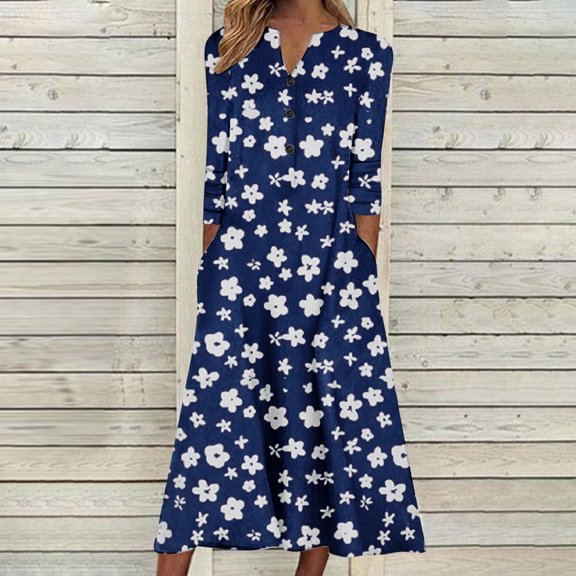 Babysbule Womens Fall Dresses Fashion Women Casual Elegant Round Neck Printing Summer Long Sleeve Pockets Dress