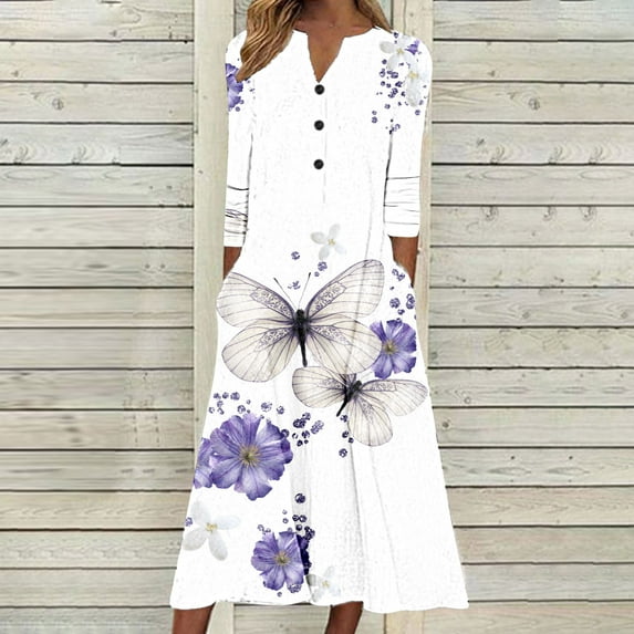 Babysbule Womens Fall Dresses Fashion Women Casual Elegant Round Neck Printing Summer Long Sleeve Pockets Dress