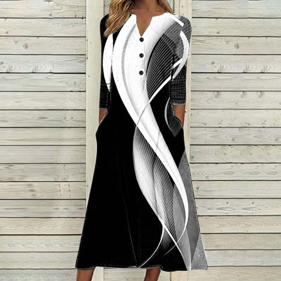 Babysbule Womens Fall Dresses Fashion Women Casual Elegant Round Neck Printing Summer Long Sleeve Pockets Dress