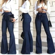 Babysbule Clearance Womens Jeans Ladys Girls High Waisted Lacing Stretch Wide Leg Bell-Bottomed Pant