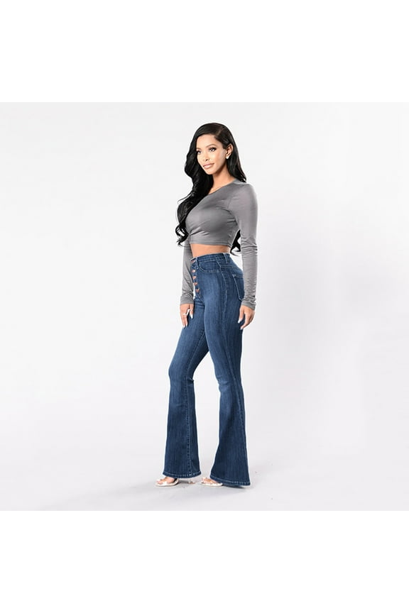 Womens Jeans Women Autumn Elastic Plus Loose Denim Pocket Button Casual Boot Cut Pant Jeans