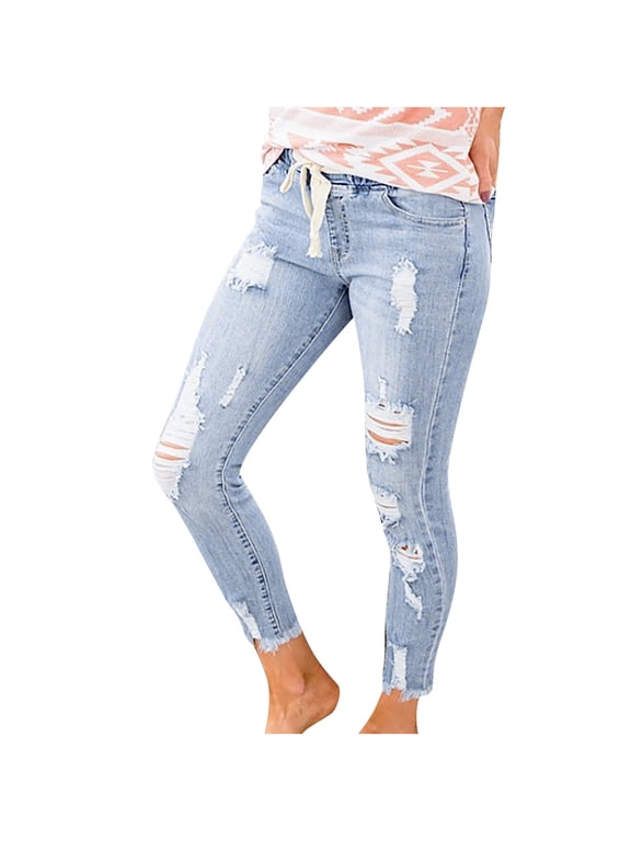 Womens Jeans Women's Girls Juniors Solid Color Ripped Denim Trousers Casual Jeans Pants With Pockets