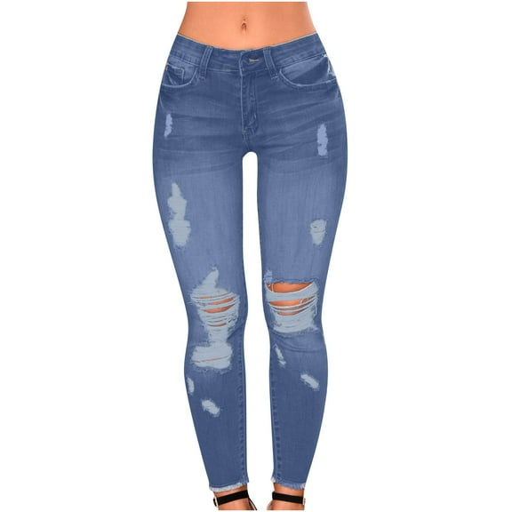 Babysbule Womens Jeans Women's Solid Color Ripped Denim Trousers Casual Jeans Pants With Pockets