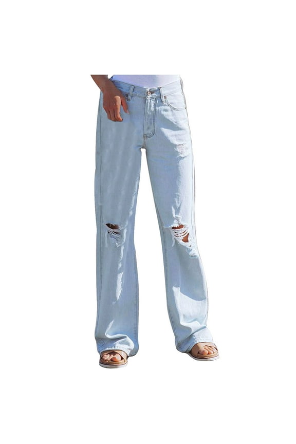 Womens Jeans Womens Hole Button Zipper Pocket Jeans Casual Denim Flares Wide Leg Slim Pants