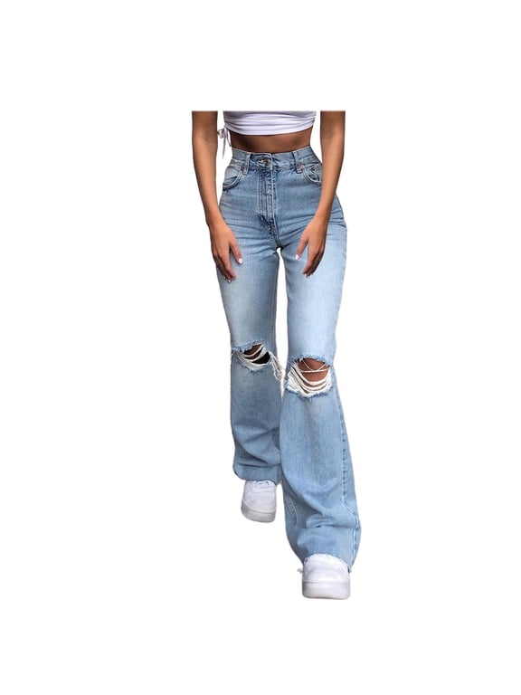 Womens Ripped Jeans Women Girls Button High Waist Pocket Elastic Hole Jeans Trousers Loose Denim Pants