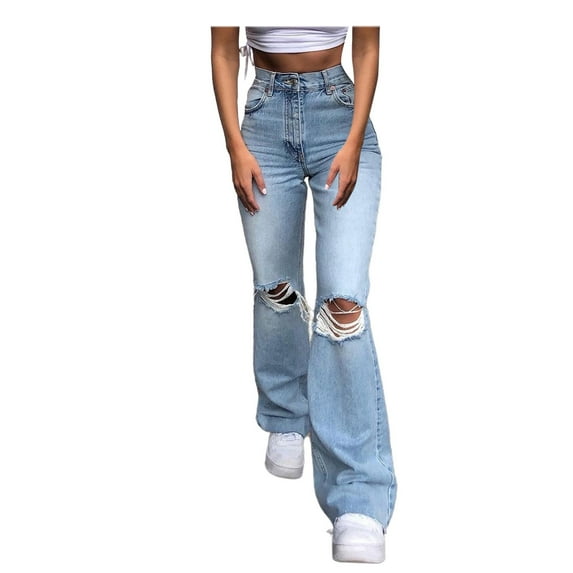 Babysbule Womens Ripped Jeans Women Girls Button High Waist Pocket Elastic Hole Jeans Trousers Loose Denim Pants