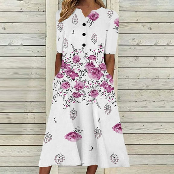 Babysbule Womens Summer Dresses, Fashion Women Casual Loose Butterfly Printing V-Neck Half Sleeve Button Pockets Long Dress