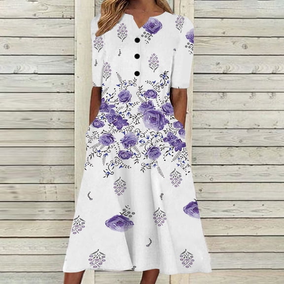 Babysbule Womens Summer Dresses, Fashion Women Casual Loose Butterfly Printing V-Neck Half Sleeve Button Pockets Long Dress