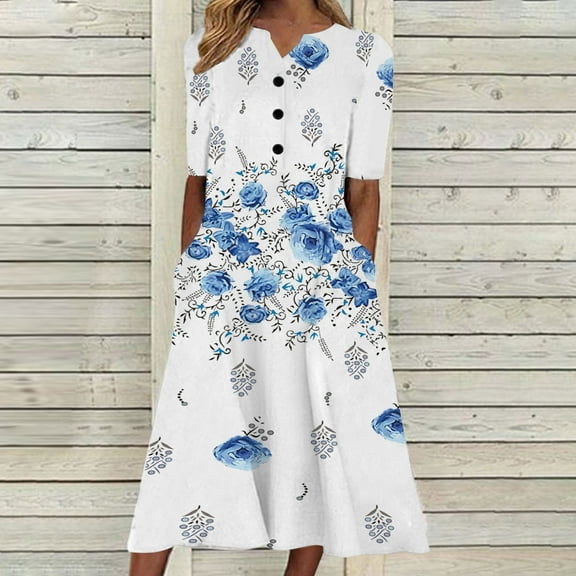 Babysbule Womens Summer Dresses, Fashion Women Casual Loose Butterfly Printing V-Neck Half Sleeve Button Pockets Long Dress