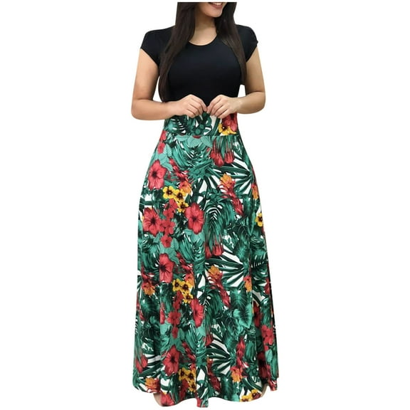 Babysbule Womens Summer Dresses, Fashion Women Short Sleeve Floral Boho Printing Long Dress Ladies Casual Dress