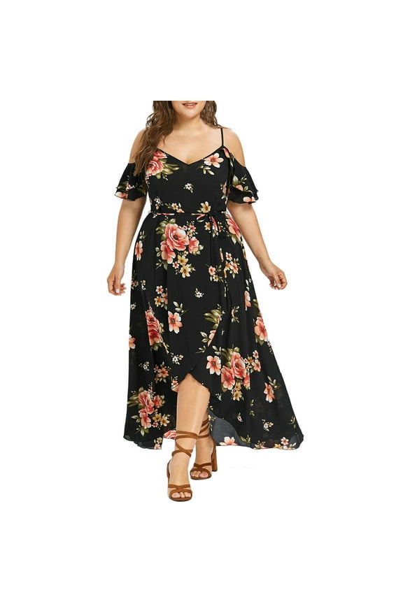 Womens Summer Dresses, Plus Size Women Casual Short Sleeve Cold Shoulder Boho Flower Print Long Dress