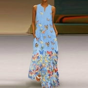 Babysbule Womens Summer Dresses Skirt, Women Plus Size Butterfly Print Daily Sleeveless Vintage Boho V Neck Maxi Dress