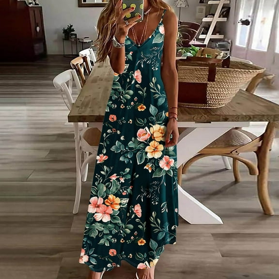 Babysbule Womens Summer Dresses, Women Casual Floral V-Neck Sleeveless Plus Size Summer Spaghetti Strap Dress