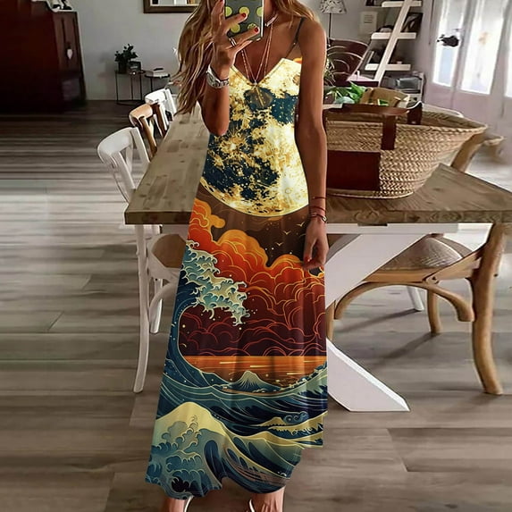 Babysbule Womens Summer Dresses, Women Casual Graphic V-Neck Sleeveless Plus Size Summer Spaghetti Strap Dress