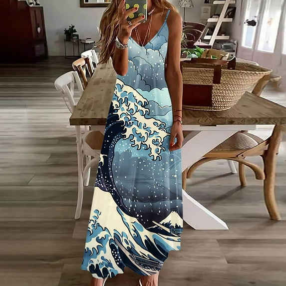 Babysbule Womens Summer Dresses, Women Casual Graphic V-Neck Sleeveless Plus Size Summer Spaghetti Strap Dress