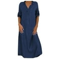 thumbnail image 1 of Babysbule Womens Summer Dresses, Women Casual Solid Denim Dress V-Neck Roll Sleeve Button Loose Long Dress, 1 of 6