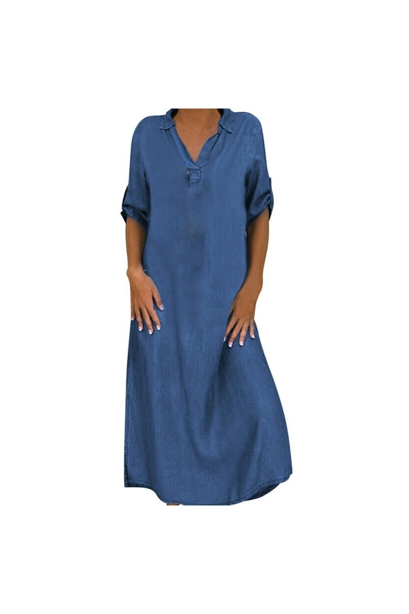 Womens Summer Dresses, Women Casual Solid Denim Dress V-Neck Roll Sleeve Button Loose Long Dress