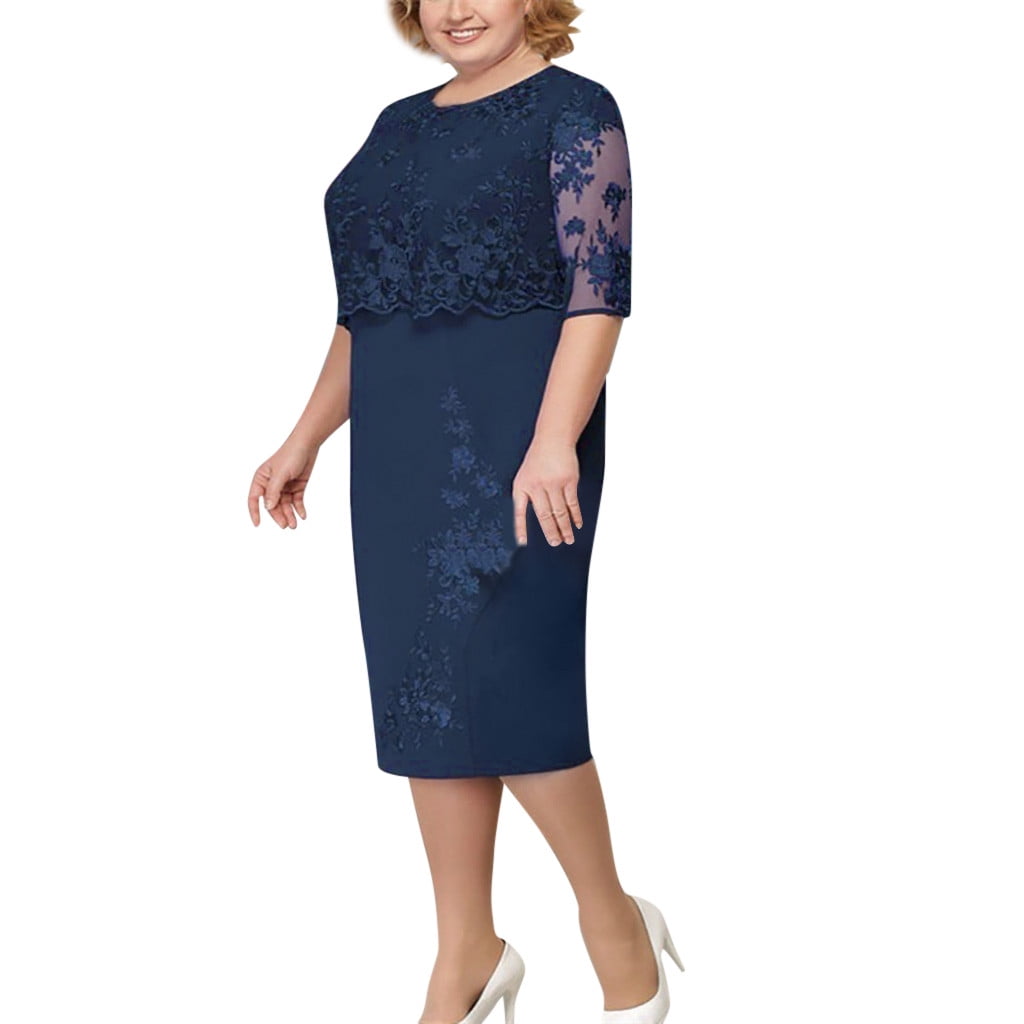 Babysbule Womens Summer Dresses, Women Fashion Lace Elegant Mother of Bride Dress Knee Length Plus Size Dress, Women's, Size: Medium, Blue