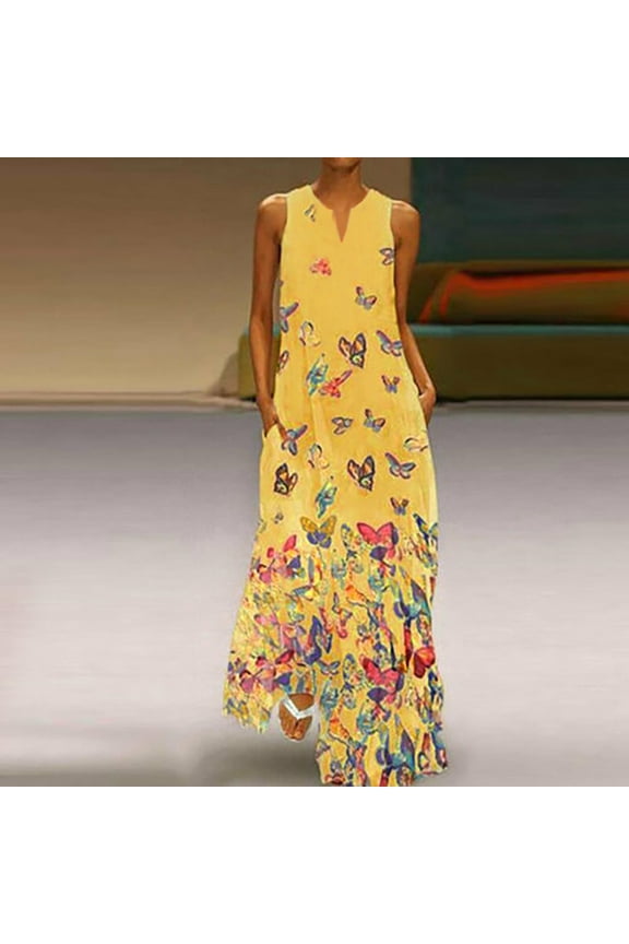 Womens Summer Dresses, Women Plus Size Butterfly Print Daily Sleeveless Vintage Boho V Neck Maxi Dress