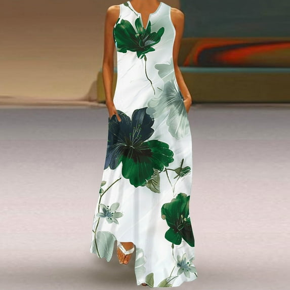 Babysbule Womens Summer Dresses, Women Plus Size Floral Print Daily Sleeveless Vintage Boho V Neck Maxi Dress