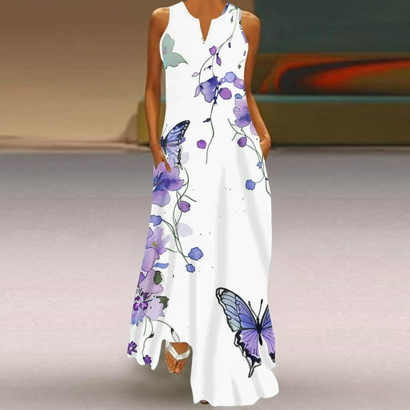 Babysbule Womens Summer Dresses, Women Plus Size Floral Print Daily Sleeveless Vintage Boho V Neck Maxi Dress