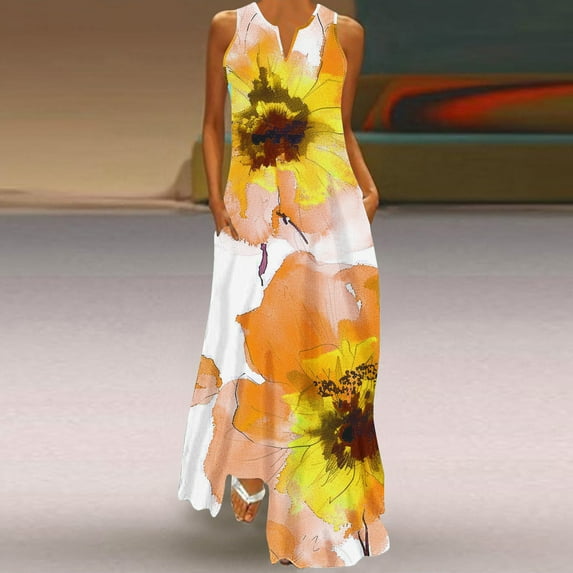 Babysbule Womens Summer Dresses, Women Plus Size Floral Print Daily Sleeveless Vintage Boho V Neck Maxi Dress