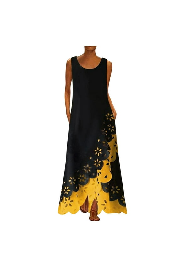 Womens Summer Dresses, Women Sleeveless Print Round Neck Long Maxi Dress Beach Shirt Dress