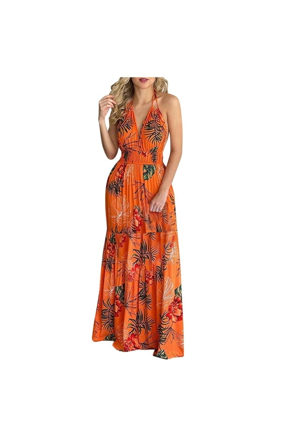Womens Summer Dresses, Women Tropical Print Halter Backless Maxi Dress Sleeveless Beach Dress