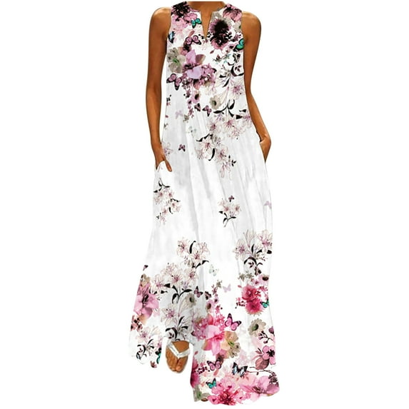 Babysbule Womens Summer Dresses, Women's Casual Long Dress With Striped Floral Print Sleeveless Maxi Dress