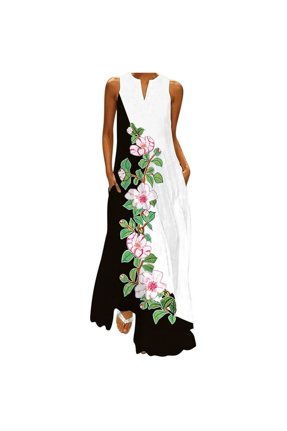Womens Summer Dresses, Women's Casual Long Dress With Striped Floral Print Sleeveless Maxi Dress