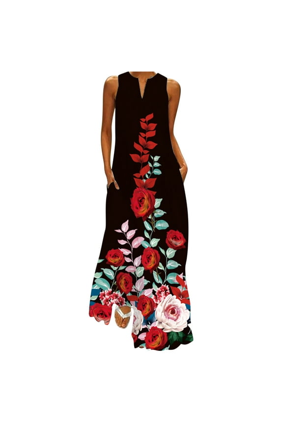 Womens Summer Dresses, Women's Casual Long Dress With Striped Floral Print Sleeveless Maxi Dress