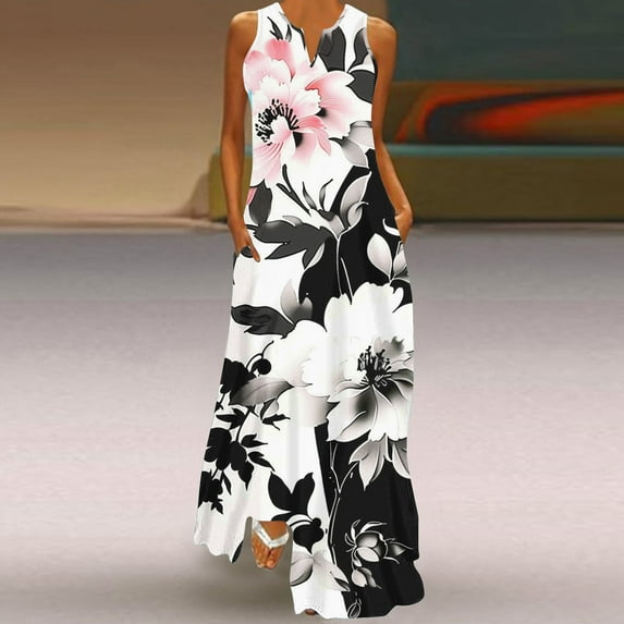 Babysbule Womens Summer Dresses, Women's Casual Long Dress With Striped Floral Print Sleeveless Maxi Dress
