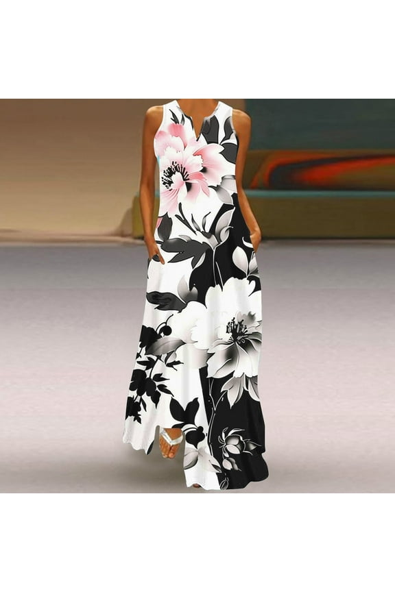 Womens Summer Dresses, Women's Casual Long Dress With Striped Floral Print Sleeveless Maxi Dress