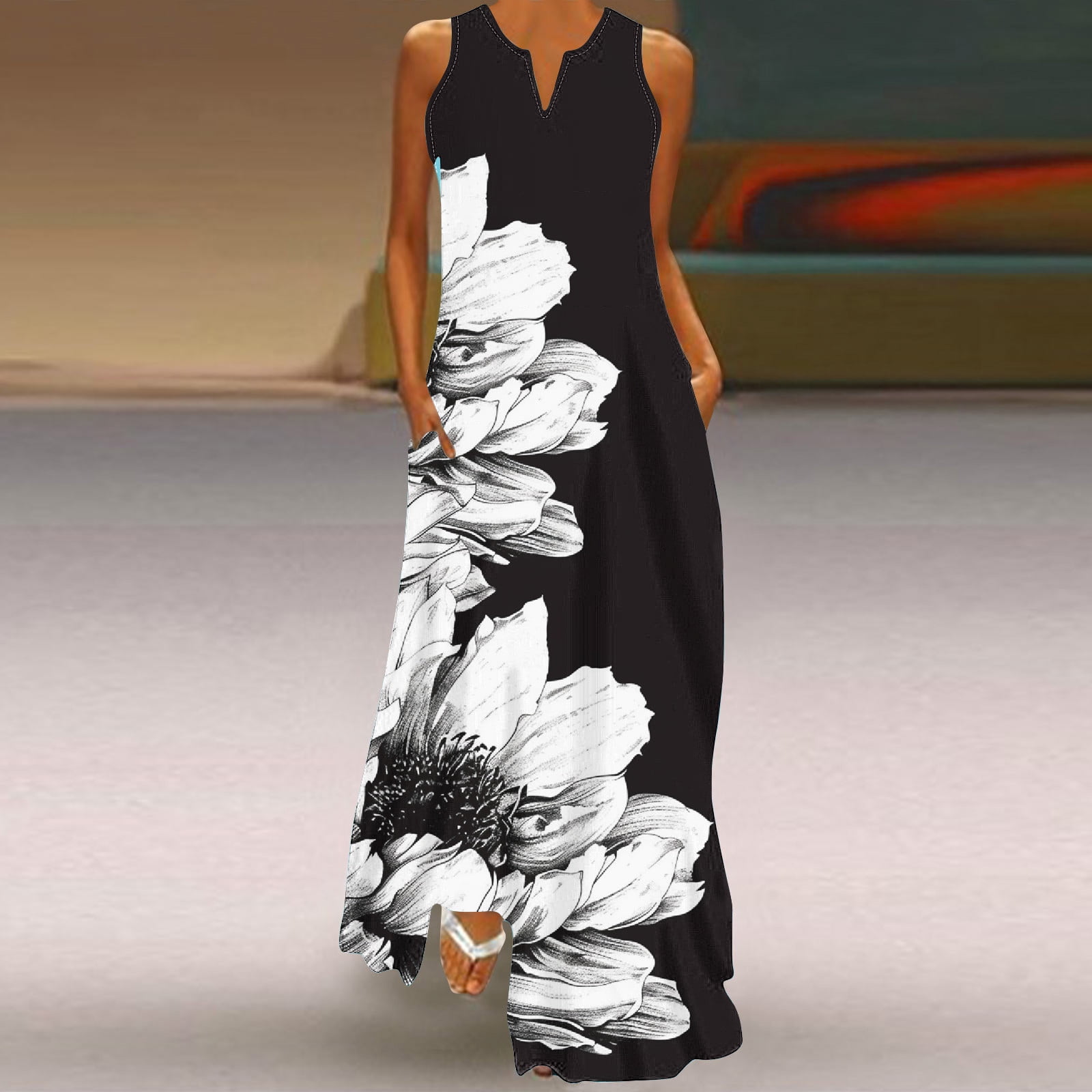 inexpensive womens summer dresses Babysbule Dresses, Women's Casual Long Dress With Striped Floral Print Sleeveless Maxi Dress, Size: Large, Black EGNMCR Summer Dresses for Women Beach Party Sundress Sleeveless Casual Loose Pockets Tank Dress on Clearance Material of the clothes is skin Womens Dresses