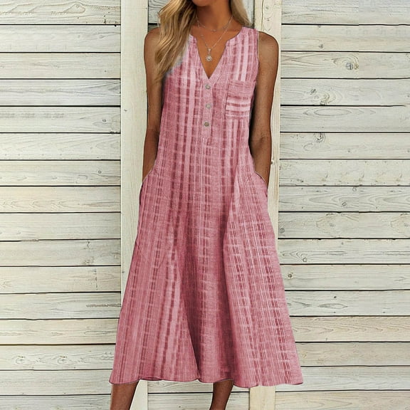 Babysbule Womens Summer Dresses, Women's Fashion Casual Sleeveless V-Neck Button Striped Print Pocket Maxi Dress