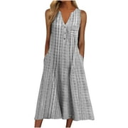 Babysbule Womens Summer Dresses, Women's Fashion Casual Sleeveless V-Neck Button Striped Print Pocket Maxi Dress