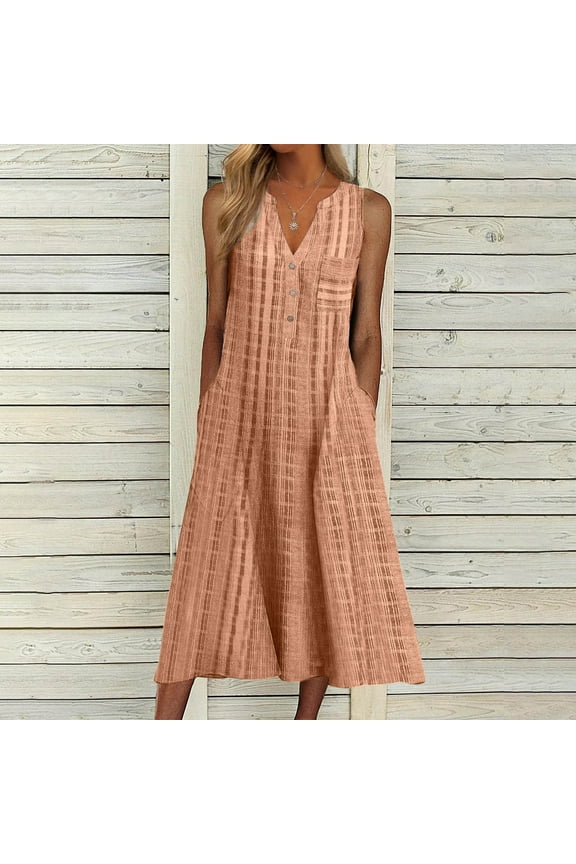 Womens Summer Dresses, Women's Fashion Casual Sleeveless V-Neck Button Striped Print Pocket Maxi Dress
