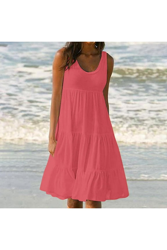 Womens Summer Dresses, Women's Fashion Holiday Summer Solid Color Sleeveless Party Beach Dress