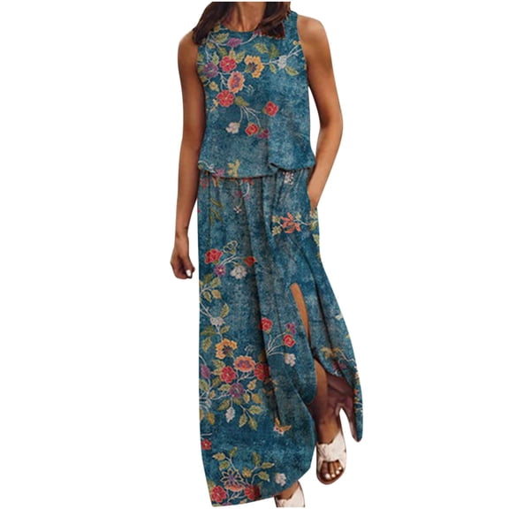Babysbule Womens Summer Dresses, Women's Fashion Sleeveless Printed Patchwork Loose Round Neck Ladies Vest Long Dress