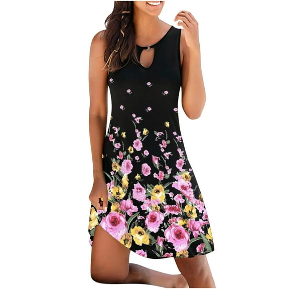 Babysbule Womens Summer Dresses, Women's Fashion Vintage O-Neck Sleeveless Flower Printed Round Button Dresses