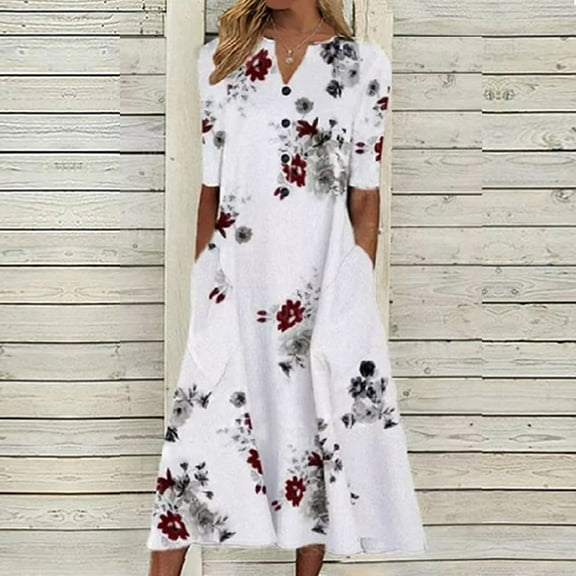 Babysbule Womens Summer Dresses Women's Summer Casual V-Neck Short Sleeve Printed With Pocket Dresses