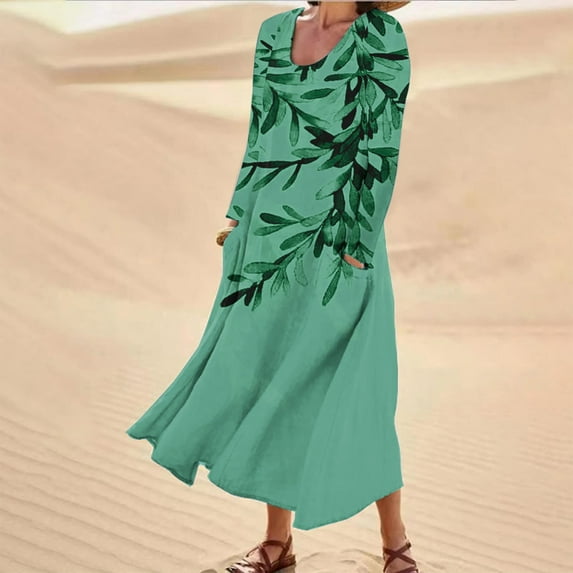 Babysbule Womens Summer Dresses Women's Summer Dresses Print Long Sleeved Round Neck Dress Dresses With Pocket