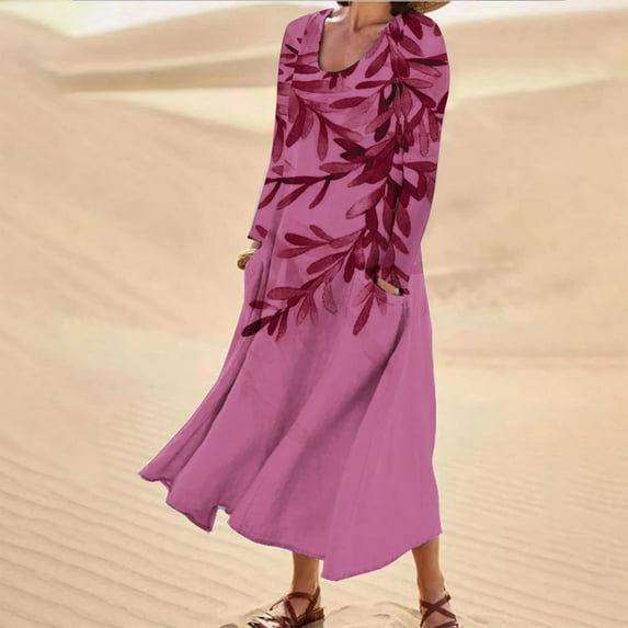 Babysbule Womens Summer Dresses Women's Summer Dresses Print Long Sleeved Round Neck Dress Dresses With Pocket